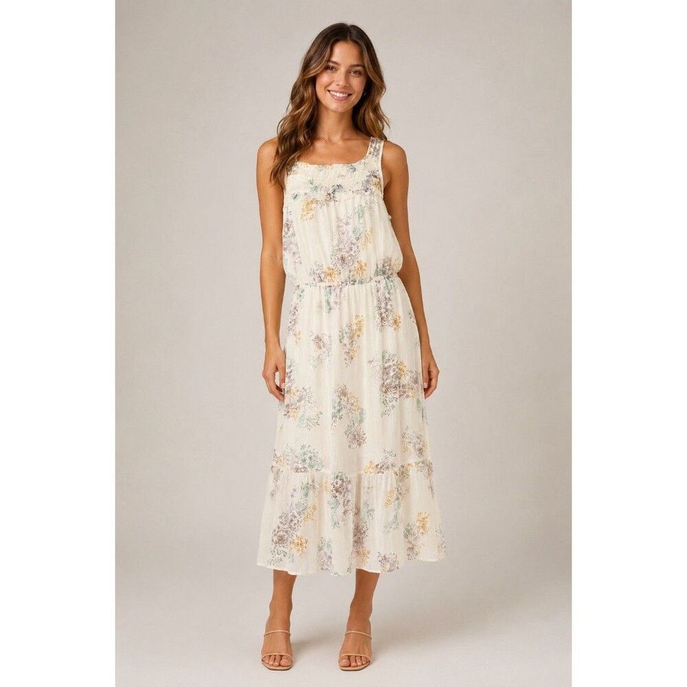 Maurices White Floral Maxi Dress Sleeveless Gathered Tiered Boho Cottagecore L
